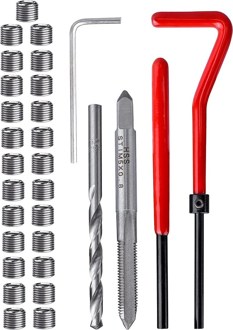 fixinus Store 30 Piece M5 x 0.8mm Thread Repair Insert Kit, Stainless Steel Thread Repair Kit Helicoil Coil Compatible Hand Tool Set for Auto Repair - Image 1